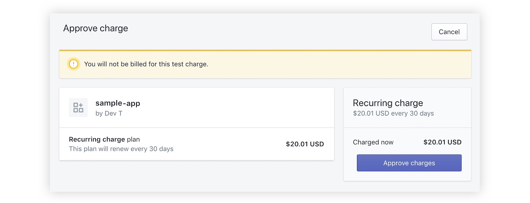An example of an app's billing page. It shows the name of the app, the amount of the charge, whether the charge is recurring, and how often the charge recurs.