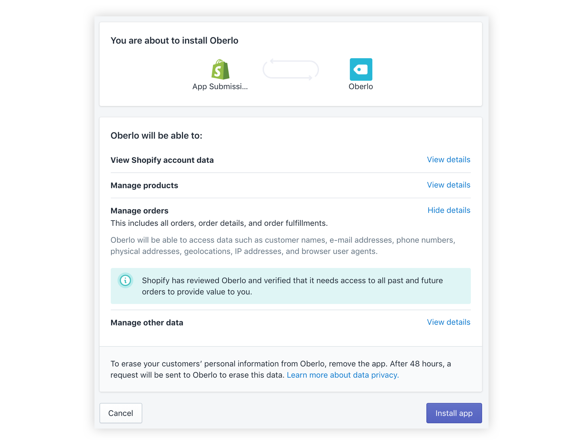 The list of permissions on an app's OAuth grant page.